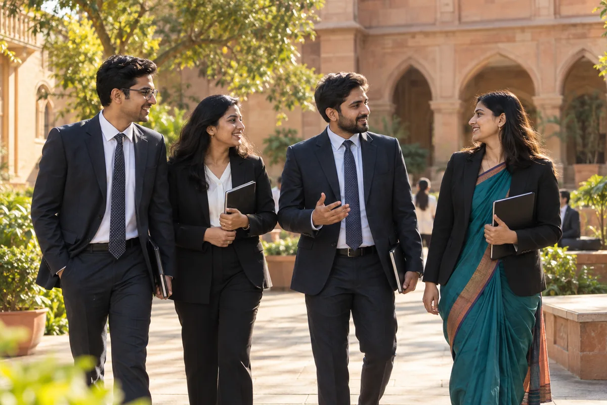 Illustrative scene of legal professionals sharing ideas in a sunlit courtyard.