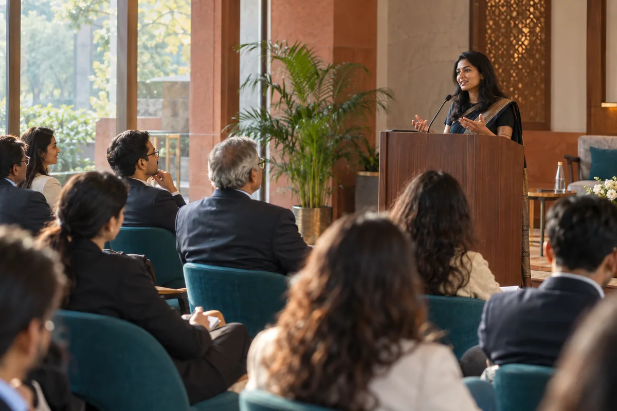 Illustrative scene of a speaker and audience at a professional conference.