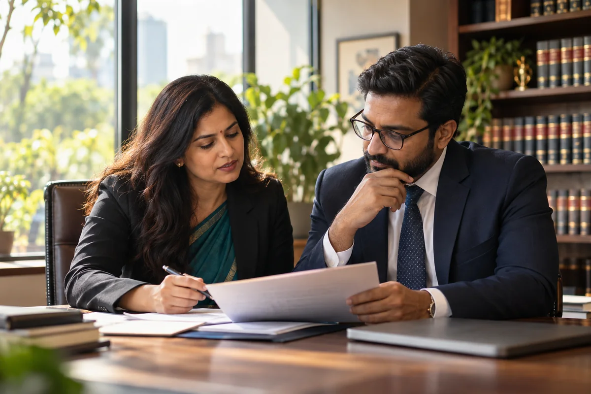 Legal professionals exchanging ideas in a contemporary office.
